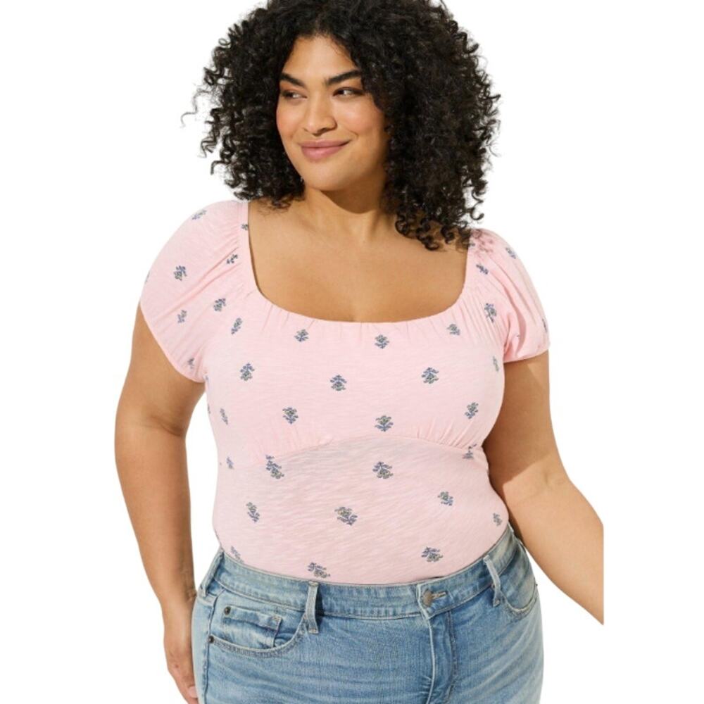 Torrid Super Soft Slub Scoop Neck Bust Fitted Top, Ditsy Almond, NWT, 3X